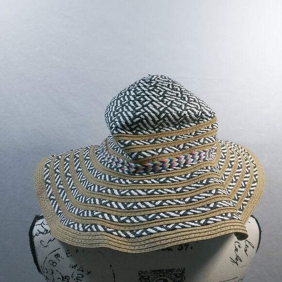 Steve Madden White Black Paper Straw Khaki Sun Hat Wide Brim One Size - Picture 3 of 10